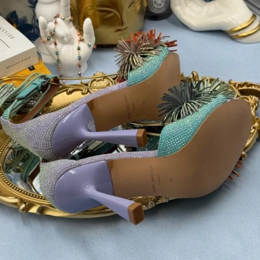 🆕 KURT GEIGER LONDON 🧿 NWOB Lilac & Teal Pom Pom Tie Ankle Heel, Sz 36 US 6 - Picture 15 of 15